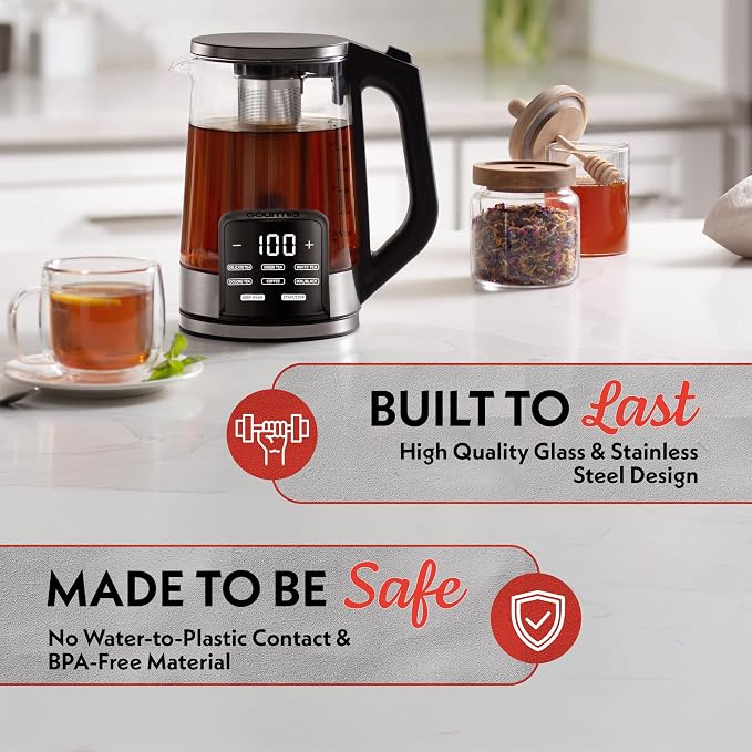 Gourmia Electric Glass Kettle – 1.7L Programmable Tea & Coffee Brewer with Digital Touch Display, 6 Presets, Removable Stainless Steel Infuser, Cordless with 360° Swivel Base, Red