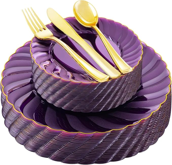 YOUBET 125PCS Clear Purple Plastic Plates with Gold Rim for Wedding | Clear Purple Disposable Plates Include 25 Dinner Plates 25 Dessert Plates 75 Gold Silverwares for Birthday Parties