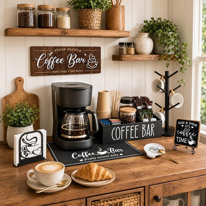 7-Piece Coffee Bar Accessories Set, Farmhouse Coffee Bar Organizer Kit | Coffee Bar Essentials Bottle Organizer for Countertop, Coffee Station Organizer with K-Cup Holder Mat Spoon Rest and 2 Signs
