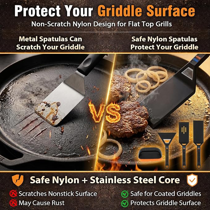 Utheer Reversible Griddle Kit, 19.5 x 10.5 Inch Ceramic Cast Iron Flat Top | Includes 5-piece scratch-safe nylon tools, double-sided cooking surface for stovetop, gas grill, BBQ and camping