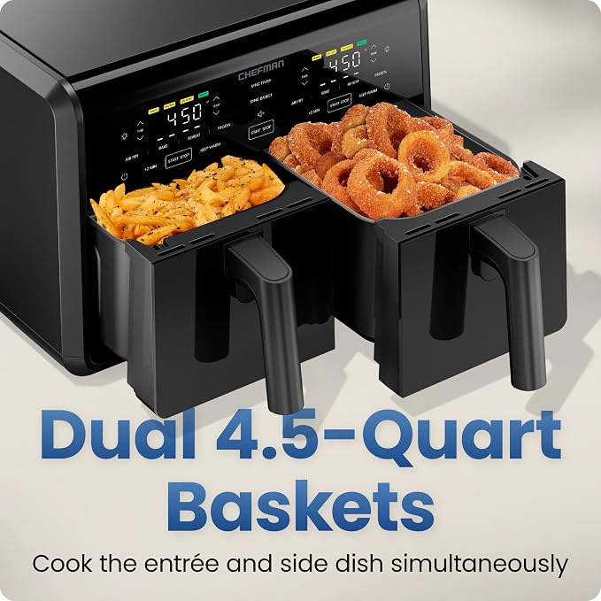 Chefman Dual Air Fryer Oven with DC Motor, 9 Qt. Double Basket Air Fryer with 450°F Max Temp for Meals in Minutes, Bake, Broil, Dehydrate, Reheat for Extra-Crispy Chicken, Fries, and More - Black