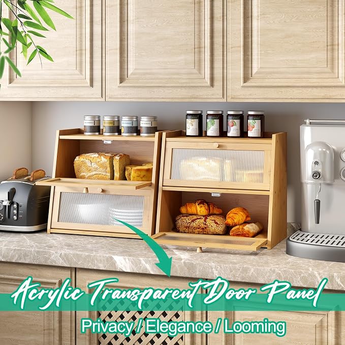 kiplant 2-Tier Bamboo Bread Box, Double Layer Bread Box for Kitchen Counter, Large Bamboo Bread Storage Container with Wavy Acrylic Transparent Door
