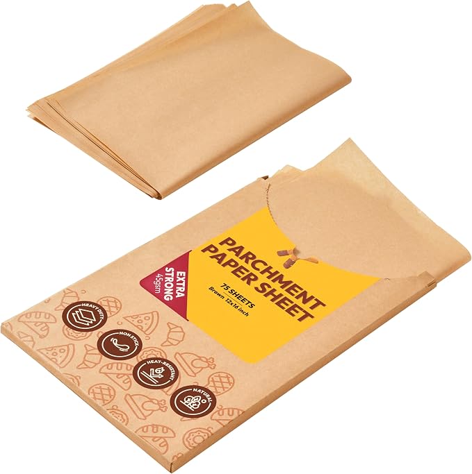 Katbite 75 Pcs Brown Parchment Paper Baking Sheets, 12x16 Inch, Heavy Duty | Unbleached precut Non-Stick half sheet paper, ideal for air fryers, baking cookies and lining cookie pans