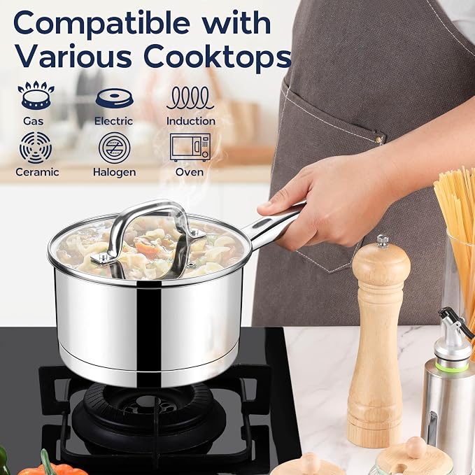 LIANYU Stainless Steel Saucepan with Lid, 3 QT Cooking Sauce Milk Pan | with Visible Lid & Tri-Ply Bottom, Induction Compatible Small Pot, Heavy Duty, Dishwasher Safe