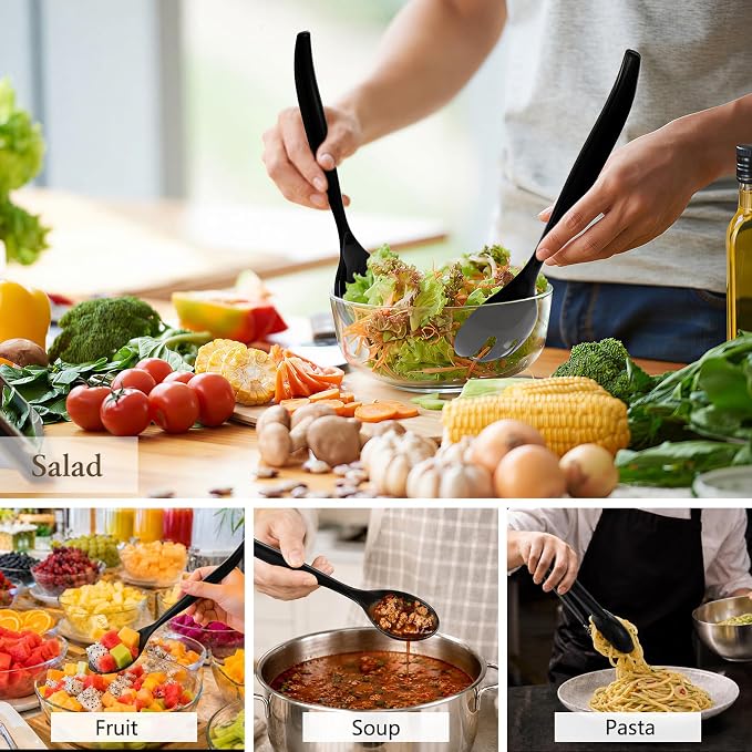 Mwellewm 72Pcs Plastic Serving Utensils Set 10 inch Disposable Serving Spoons Forks Tongs for Serving Food Large Heavy Duty Black Large Party Utensils Supplies for Buffet Restaurant Dinner Salad Soup