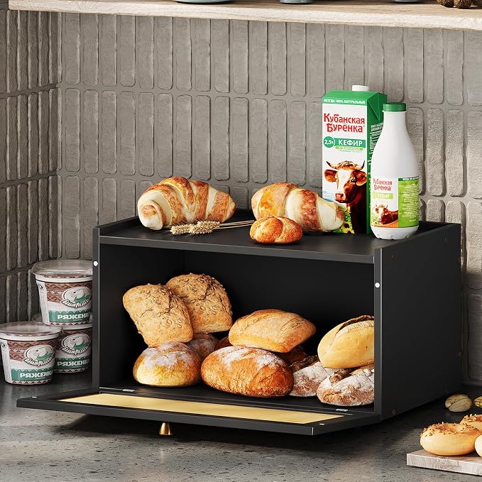 Trironsun Rattan Bamboo Bread Box for Kitchen Counter Large Capacity Bread Storage Bin Farmhouse Bread Storage Container Rustic Bread Holder (Black)
