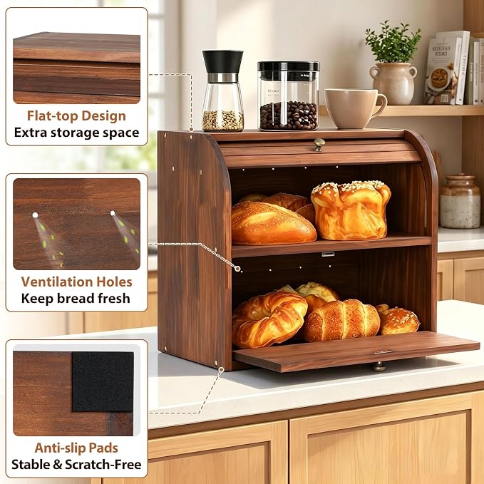 Sunhoo Wooden Bread Box for Kitchen Countertop, Roll Top Breadbox, Brown | Large Double Layer Pantry Container, Solid Wood with Cutting Board, Fresh Homemade Sourdough Bin Cabinet, Vintage Farmhouse