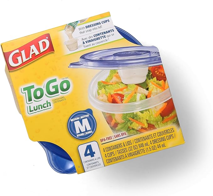 Glad GladWare To Go Lunch Containers with Dressing Cup, 32 Oz, 4 Ct, 6-Pk | Built-in compartment keeps sauces separate, ideal for salads and packed lunches, freezer safe