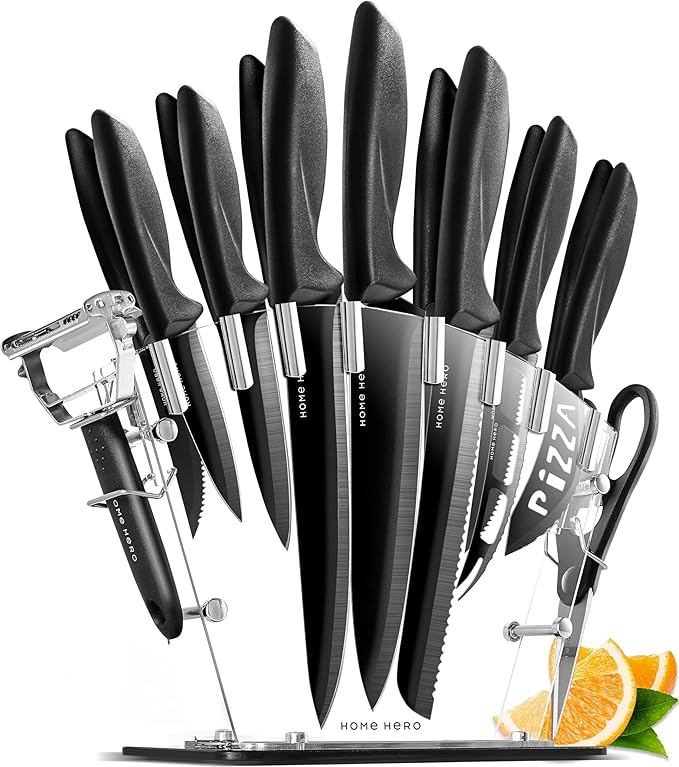 Home Hero 16-Piece Kitchen Knife Set - Knife Block Set | High Carbon Stainless Steel Knife Set with Acrylic Block, Rust-Resistant Blades & Ergonomic Handles (16-Piece)