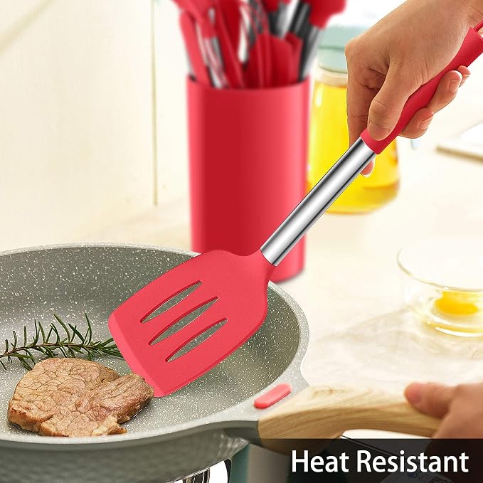 LIANYU 15-Piece Cooking Kitchen Utensils Set with Holder | Silicone Kitchen Tools Stainless Steel Handle, Slotted Spatula Spoon Turner Tong Whisk Brush for Cooking, Red