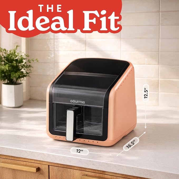 Gourmia Air Fryer 7 QT - Easy View Panorama Window & Interior Light, Guided Cooking with 12 One-Touch Presets, FryForce 360, Dishwasher Safe Accessories, Peach