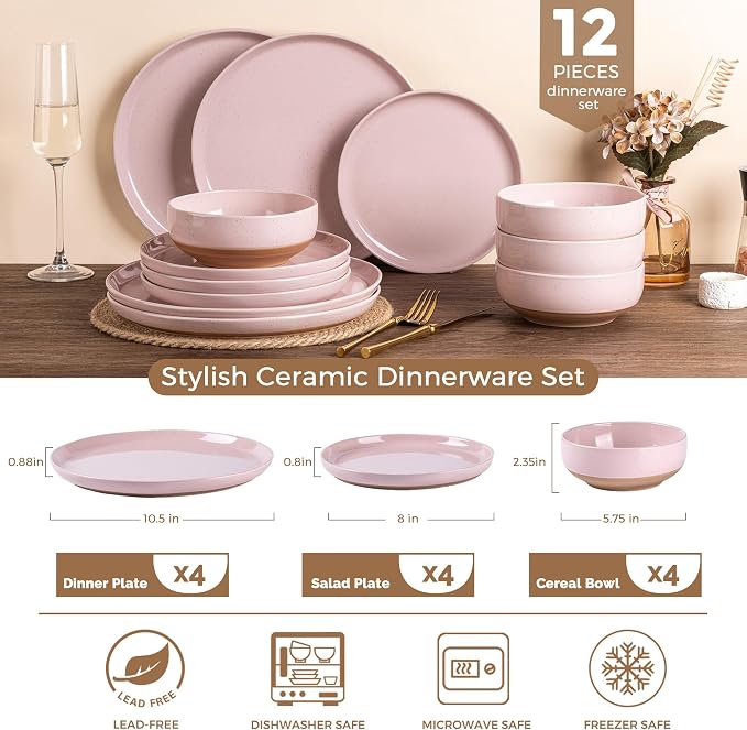 AmorArc Dinnerware Sets for 4, 12 Pieces Ceramic Plates and Bowls Set | Scratch Resistant Stoneware Dishes Set, Dishwasher & Microwave Safe, Cloud Pink