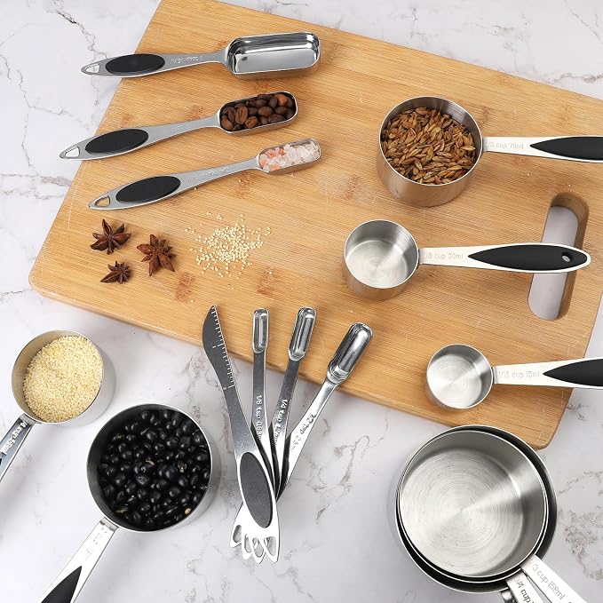 Measuring Cups and Spoons Set of 16 Magnetic Measuring Spoons Set | Stainless Steel Stackable Measuring Cups Magnetic Measuring Spoons with 1 Leveler for Dry and Liquid Ingredients