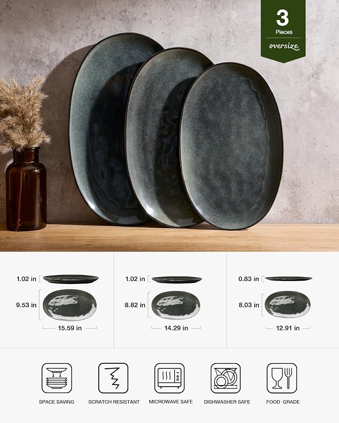 famiware Serving Platters Set of 3 Sizes - Oval, Deep Forest | 15.59"/14.3"/12.9" Fine Stoneware Serving Trays for Party, Entertaining for Food, Turkey, Cheese, Microwave Dishwasher Safe