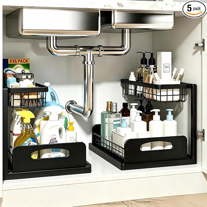 2 Pack Upgraded Under Sink Organizer, 2 Tier Pull out Kitchen Cabinet Organizer Metal Slide out Bathroom Organizers and Storage Makeup Drawer Organizer for Office Bedroom Restroom Living Room, L-Black
