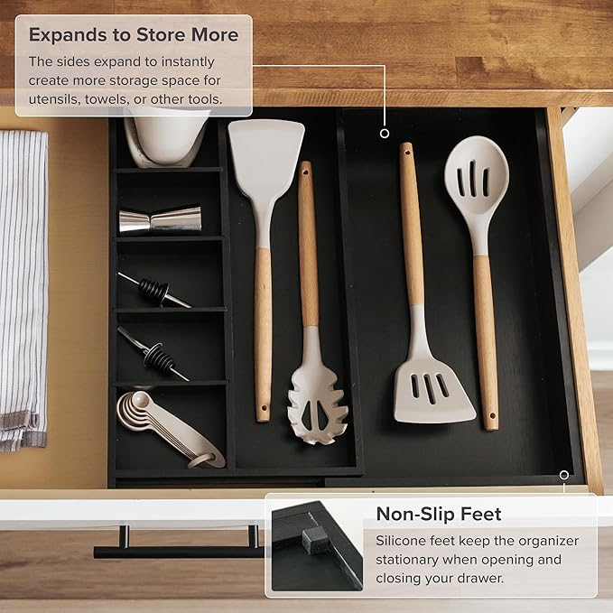 Utensil & Junk Drawer Organizer, 10.5-19 in, Black Bamboo | Food-safe contract grade, 100% sustainable wood, non-slip, adjustable