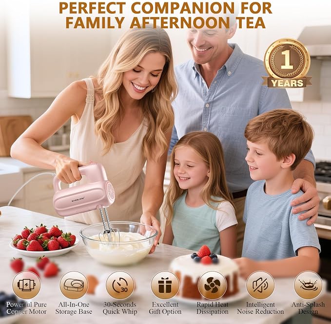 BAIGELONG Hand Electric Mixer, 5-Speed KitchenMixer with 5 * 304 Stainless Steel Attachments + Storage Base, Food Handheld Mixer for Baking, Whipping Cream, Cake Mixing, Pink