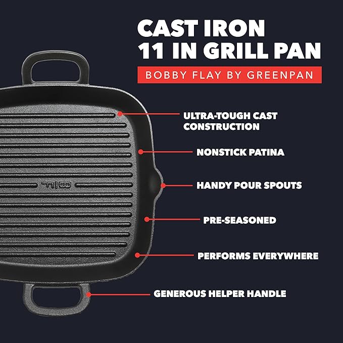 GreenPan x Bobby Flay 11" Pre-Seasoned Cast Iron Square Grill Pan | Natural Nonstick with Use, Heavy Duty, Induction & All Stovetop Compatible, High Heat & Oven Safe, Indoor/Outdoor