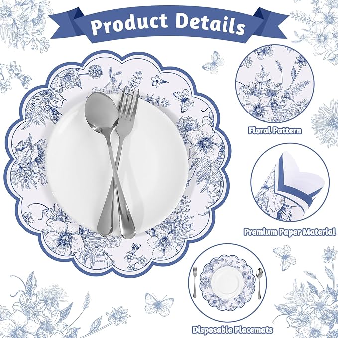 60 Pcs Blue Floral Paper Placemat, 13.5 Inch Disposable Scalloped Table Mat | Wedding Placemats, Vintage Floral Banquet Place Mats for Table Setting Wedding Bridal Tea Party Wildflower Party Decor