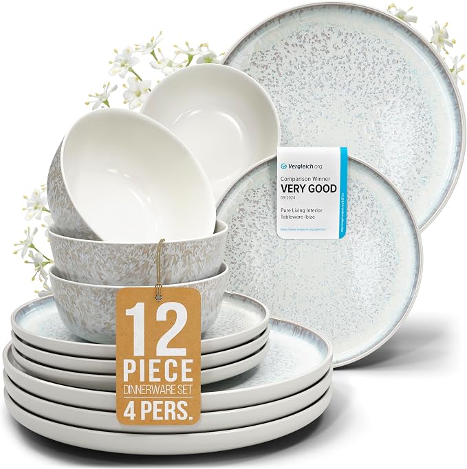 12 Piece Stoneware Dinnerware Set for 4 - Handmade Reactive Glaze Plates and Bowls Set - Chip & Scratch Resistant Dish Set - Dishwasher Microwave Safe - Light Beige