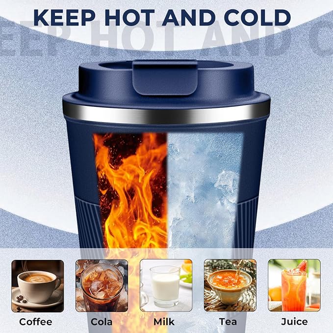 Insulated Coffee Tumbler 12 oz, Stainless Steel Coffee Mug with Lids, Travel Coffee Mug Leak Proof, Double Wall Vacuum Insulated Reusable Coffee Cup, Keep Drinks Hot and Cold (Navy Blue, 12 Ounces)