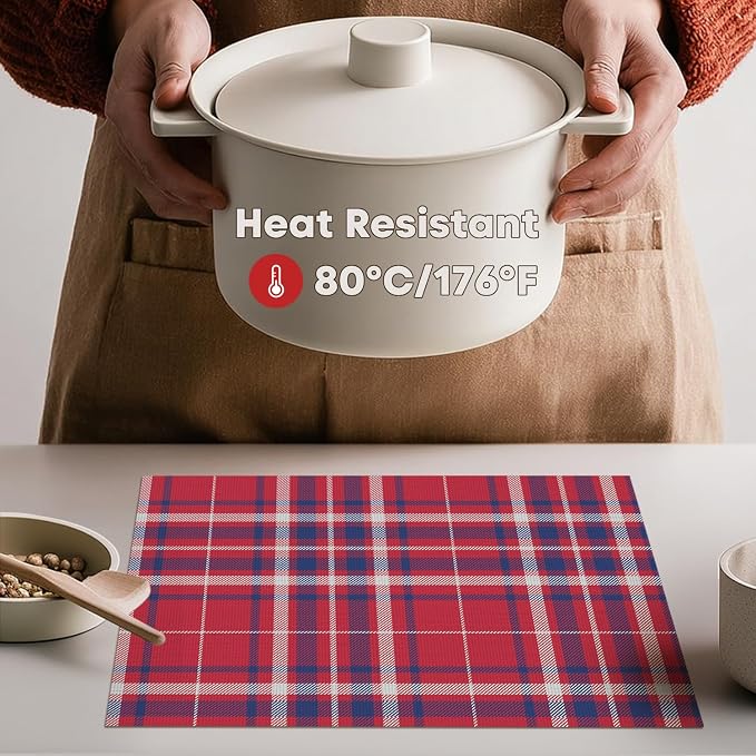 Artoid Mode Red Striped Check Memorial Day Vinyl Placemats Set of 4,Heat Resistant Non-Slip Woven Plastic PVC Place Mats for Party Kitchen Dining Decor
