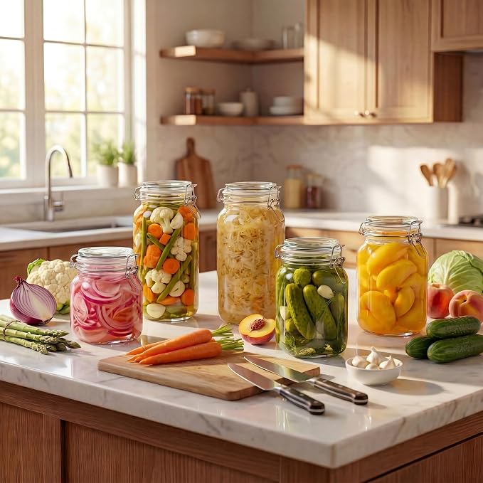 Square Glass Jars with Airtight Lids, Mason Jar with Clamp Lids Multi 5Pack | Air Tight Glass Food Storage Containers with Lids Keep Food Dry & Fresh, Best Canister for Flour, Sugar, Cereal, Rice, Coffee