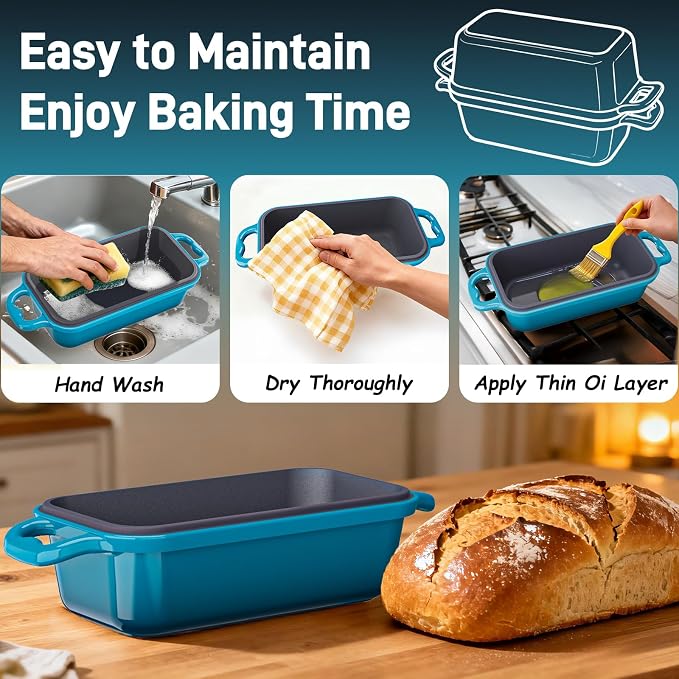 Enameled Cast Iron Sourdough Bread Dutch Oven, 8.5x4.5 Inch Loaf Cast Iron Bread Pan for Homemade Bread Baking, Sourdough Baking Pans, Meatloaf Pan with Lid, 2 Piece set, Emerald