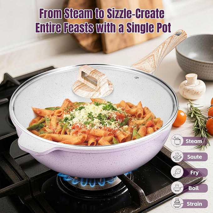AOSION 12 Inch Nonstick Ceramic Deep Frying Pan, Large Ceramic Skillet. | Lid & Steam Rack, 5.5QT Sauté Pan, Stay Cool Handle, Induction Compatible, PFOA & PFAS Free