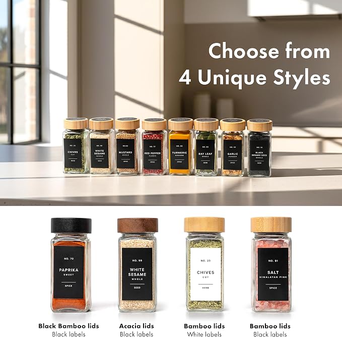 Glass Spice Jars with Label, 24x Bamboo Wooden Lids - Black Labels | Airtight Lids keep spices fresh, Kitchen Spice Drawer Organizer, 4oz Seasoning Containers incl. Funnel, Brush & 240 Labels