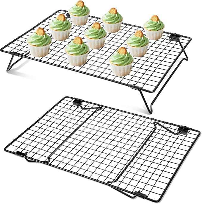 2 Pcs Cooling Racks for Baking 13.38 x 9.57 Inch Stackable Cookie Cooling Racks with Folding Legs Black Wire Rack for Cooking Roasting Drying Grilling