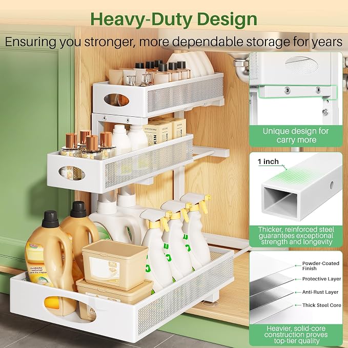 Kitstorack Under Sink Organizer 3-Tier Slide Out Drawer for Bathroom 2-Pack | Height Adjustable, Metal Mesh Storage Rack, Pull out Cabinet Organizer Shelf for Kitchen Pantry Home Laundry Organization