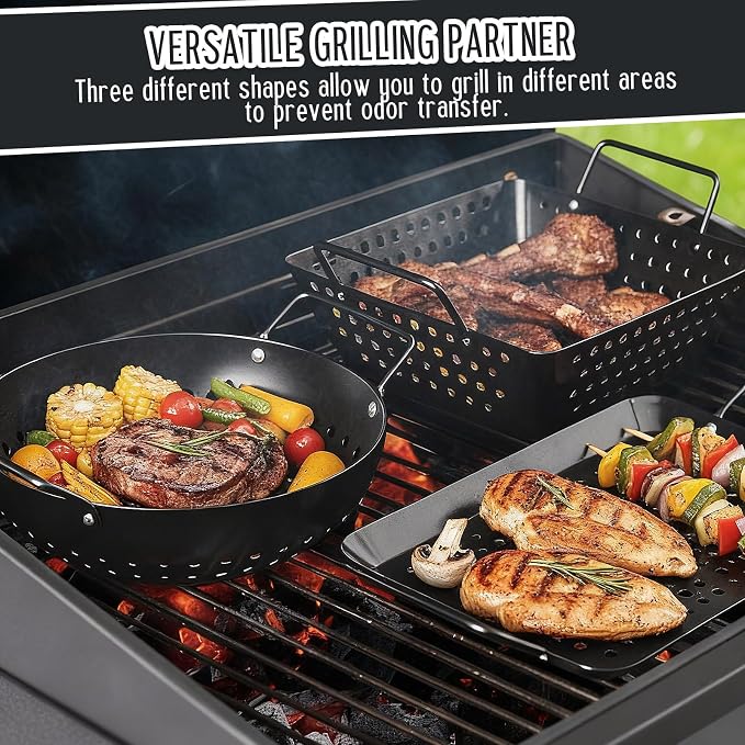 3 Pack Grill Topper Pans for Outdoor Grill, Stainless Steel Vegetables BBQ Grilling Basket with Holes Handles, Nonstick Barbecue Pan Grilling Gifts for Camping Picnic Cooking Seafood Meat