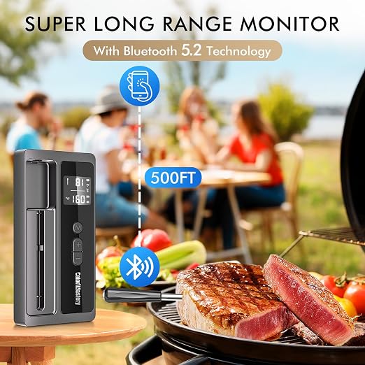 Wireless Meat Thermometer: 500FT Bluetooth Smart Meat Thermometer for Cooking and Grilling, CaloriMastery Digital Food Thermometer with Ultra-Thin Probe for Oven Safe, Kitchen, Smoker, BBQ