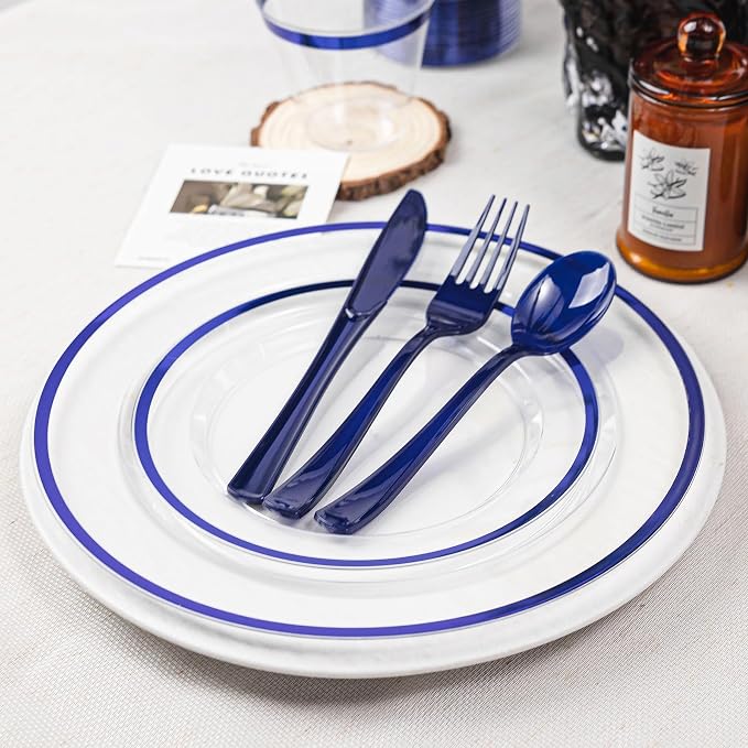 600PCS Clear Blue Plastic Plates, Disposable Dinnerware Set for Party | 100 Guest, 100 Dinner & Dessert Plates, Forks, Spoons, Knives, Cups, Navy Blue, for Wedding, Bridal Shower, Labor Day