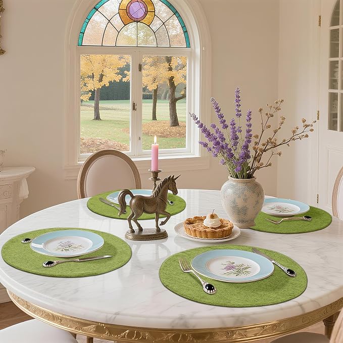 Cotton Linen 15 Inch Round Cloth Place mats, Set of 8, Grass Green | Washable Table Mats, Heat Resistant, Reversible, Wipeable Place Mats for Indoor Outdoor