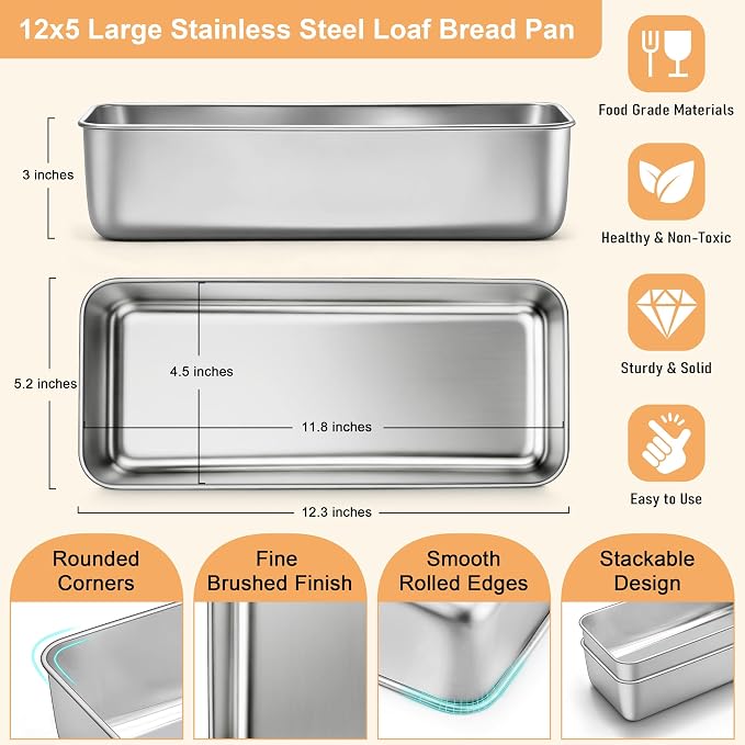 Homikit Stainless Steel Loaf Pans, 12x5 Inches Large Bread Pan Set | Metal Meatloaf Tins Set of 3, Great for Long Sandwich Sourdough, Non Toxic & Nonstick, Oven & Dishwasher Safe