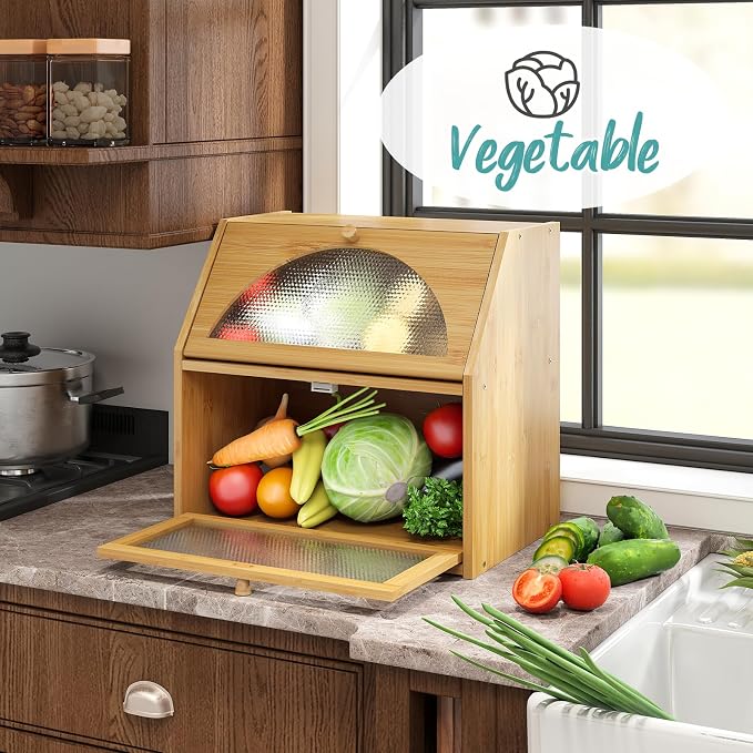 Extra Large Bread Box for Kitchen Counter, Bamboo Wood Double Layer Bread Box for Kitchen Counter, Wooden Capacity Bread Storage Bin