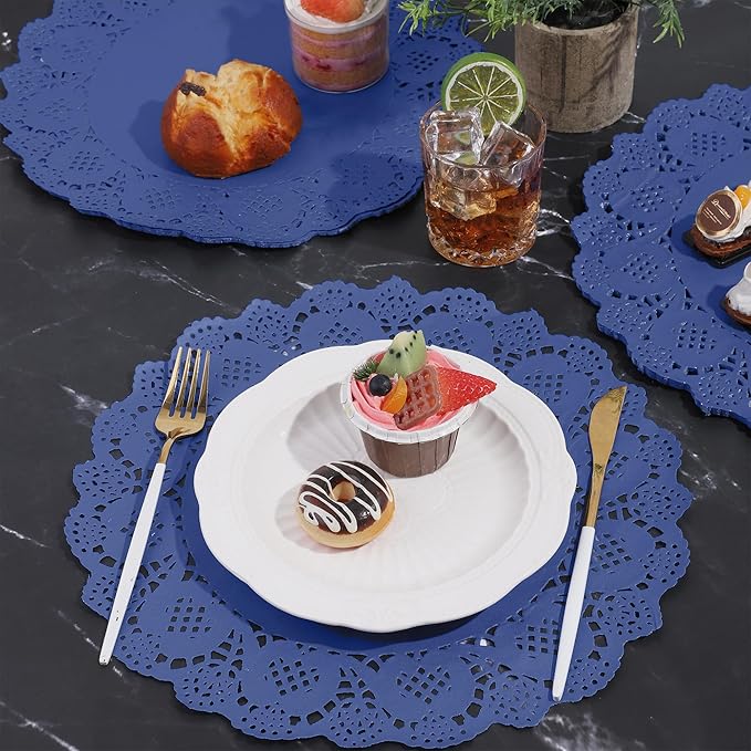 MCEAST 100 Pack Round Blue Paper Doilies 13.5 Inches Lace Place Mats Rustic Scallop Doily Disposable Paper Table Pads for Food Cakes Crafts Party Weddings Tableware Decor