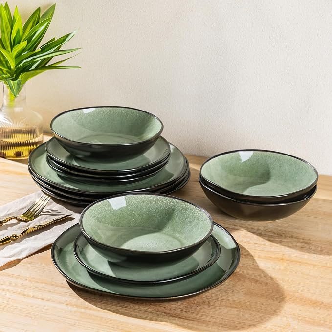 AmorArc Ceramic Dinnerware Sets for 4, 12Pcs Plates and Bowls Sets Dishes | Stoneware Handmade Reactive Glaze Dinner Set, Highly Scratch Resistant | Dishwasher & Microwave Safe Dishware