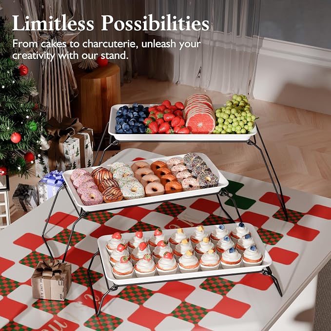 Bumusty Large 3-Tier Melamine Serving Tray Set, 17 x 8.7 in, Black Stand | Melamine Reusable Platters with Metal Display Stand for Cupcakes, Desserts, Fruit, Cookies, Parties, Birthdays and Holidays