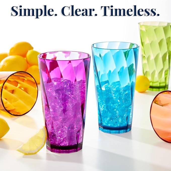 US Acrylic Optix Plastic Reusable Drinking Glasses (Set of 8) 20oz Water Cups in Jewel Tone Colors | BPA-Free Tumblers, Made in USA | Top-Rack Dishwasher Safe