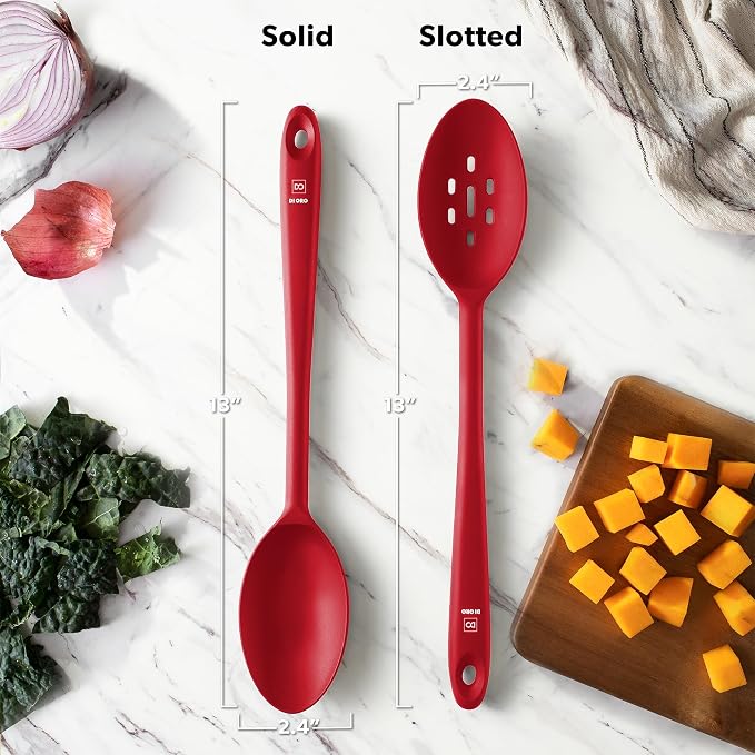 DI ORO Silicone Cooking Spoons - Solid & Slotted Set, 2-Pc Red | Large heads for mixing, serving, and stirring; Heat-resistant to 600F for nonstick cookware; BPA-free and dishwasher safe