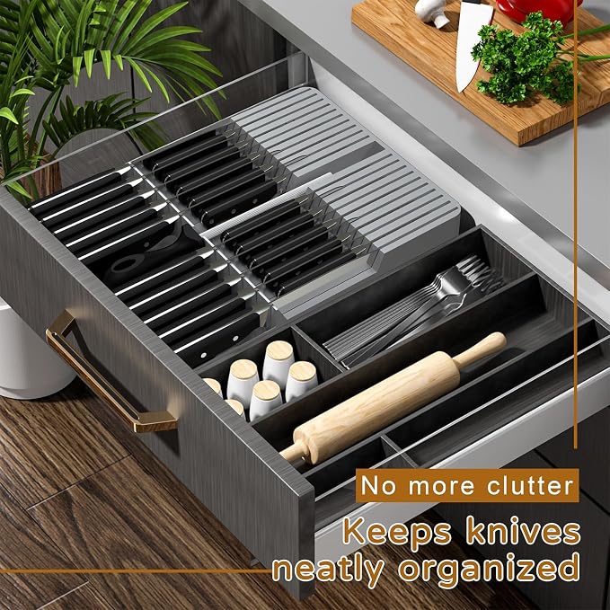NIUXX Knife Drawer Organizer, Large Capacity In-Drawer Knife Block Set | Holds 20 Knives and 1 Sharpening Steel (Not Included), Suitable for Knife Organizer for Kitchen Drawer