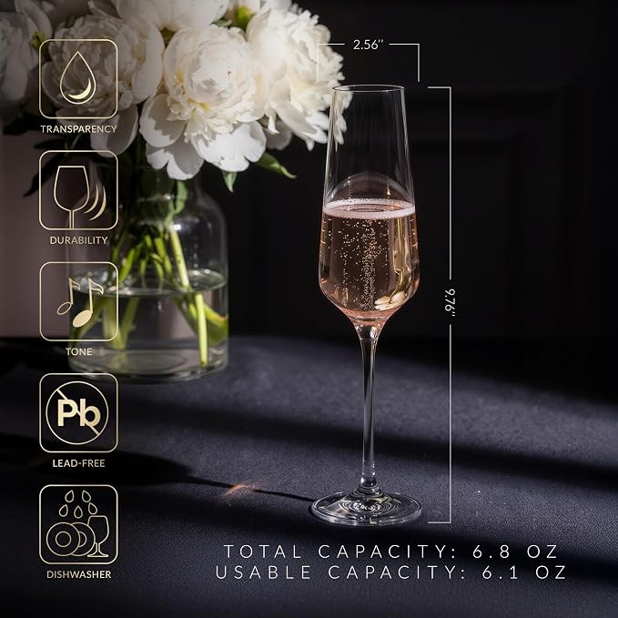 KROSNO Champagne Flutes Set of 6, 6.1 oz, Avant-Garde Collection | Drinking Glasses, Led-Free Crystal Glasses for Prosecco Sparkling Wine, Wedding Champagne Flutes, Dishwasher Safe