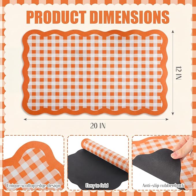 Orange Scalloped Gingham Coffee Mat 12" x 20" Absorbent Bar Mat | Gingham Espresso Matt with Non Slip Rubber Backing for Coffee Countertops