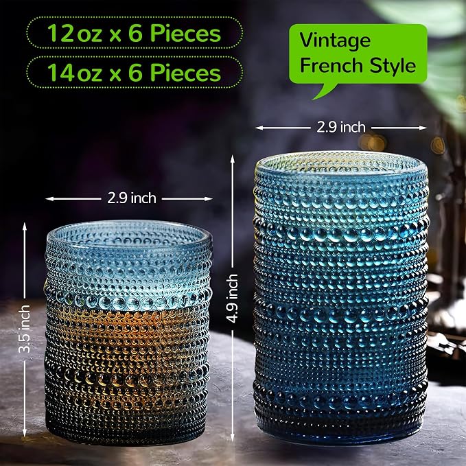 Vintage Hobnail Drinking Glasses Set of 12-14 oz Old Fashioned Glass Cups & 11 oz Cocktail Glasses, Aesthetic Kitchen Bar Tumbler Glassware Gifts Sets, Blue (12Pcs Blue XL)