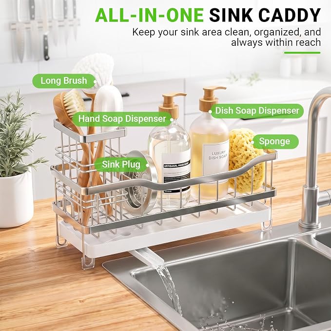Sink Caddy, Sponge Holder for Kitchen Sink, Silver | Self-draining Sink Organizer with Removable Brush Holder , Metal Sponge Rack for Countertop, Fits Soap Dispenser & Scrubber