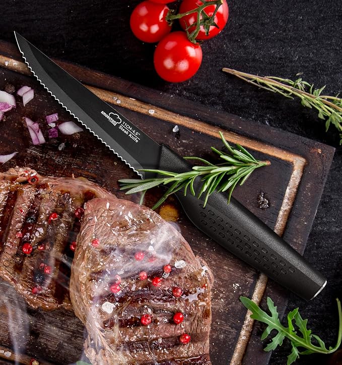 Steak Knives, Steak Knives Set of 8, Stainless Steel Steak Knife Set, Serrated Knives Dishwasher Safe, Elegant Black Mothers Day Gifts for Women
