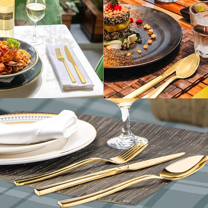 Gold Silverware Set for 8, 40 Pieces Flatware Set Stainless Steel | Luxury Steak Knife Fork and Spoon Set, Square Handles, Mirror Polished, for Home Kitchen Restaurant Weddings